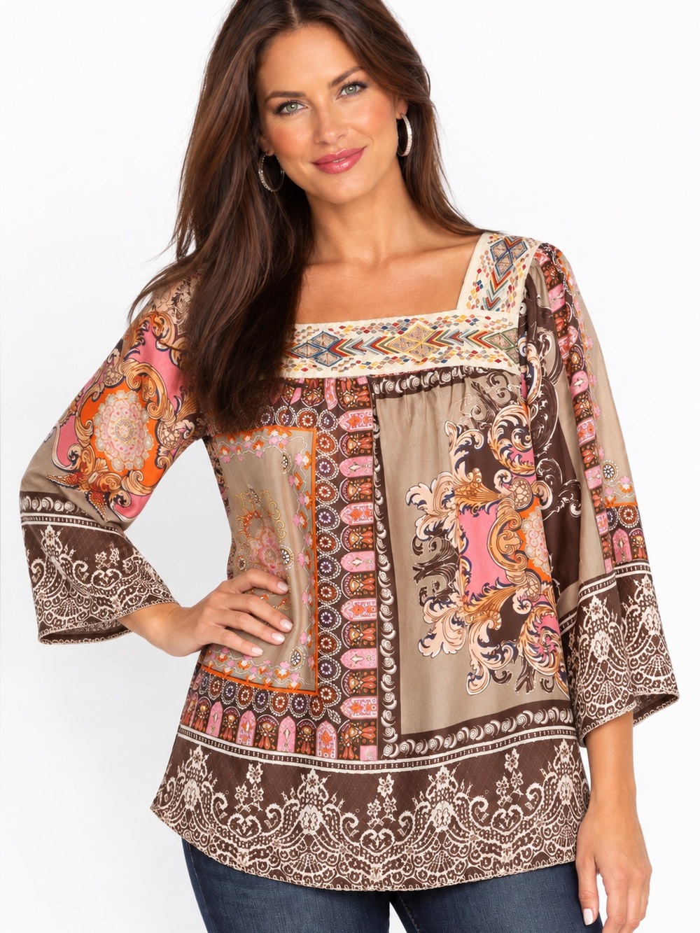 Johnny Was Flora Lace embroidered square neck silk blouse NWT oversized